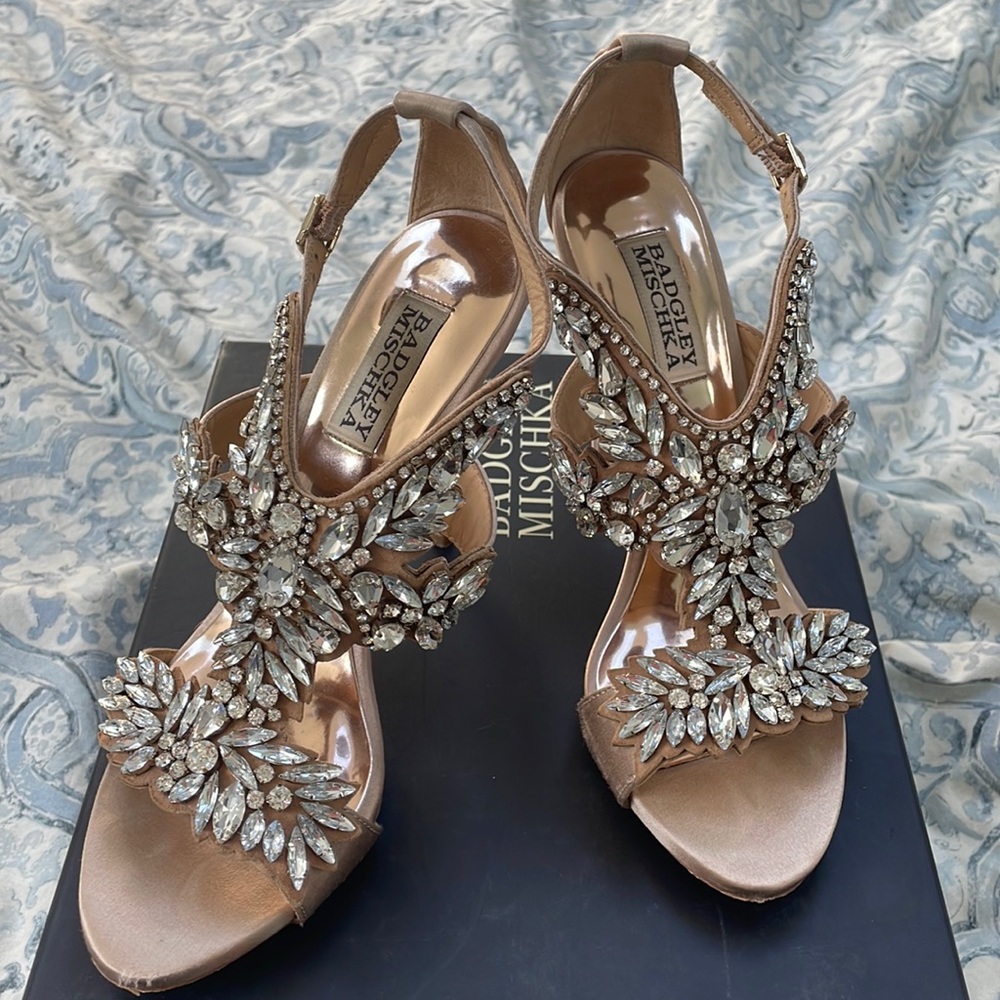 BADGLEY MISCHKA Cappella embellished jeweled t-strap heels 6.5